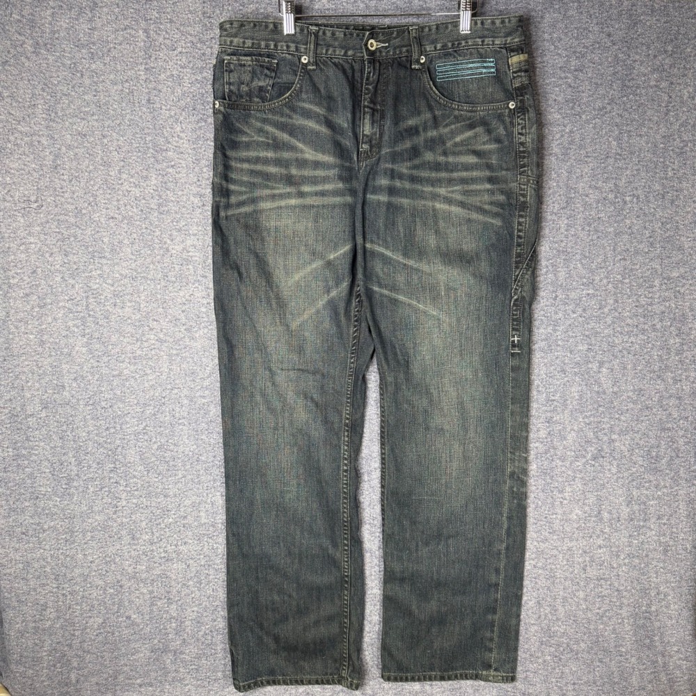 VNTG Rocawear Classic Fit Dark Wash Whiskered Denim Jeans Blue Stitching 38x32